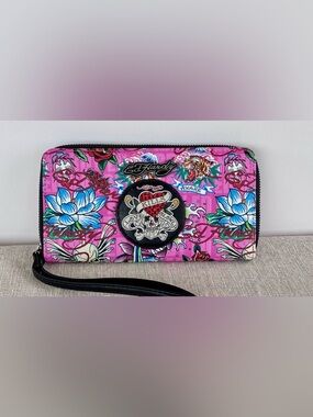 Ed Hardy Pink Tattoo Print Wallet Wristlet Skull Heart Y2K love dies slowly